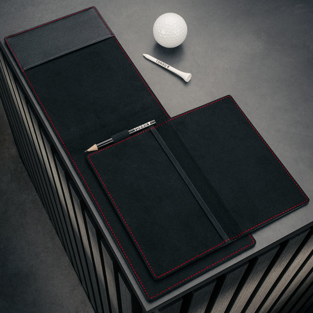 Microfibre lining of the PRO Edition of the Black with Red Detail Leather Golf Scorecard & Yardage Book Holder