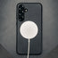MagSafe charger attached to the Black Slimline Leather Bumper Case for Galaxy S25
