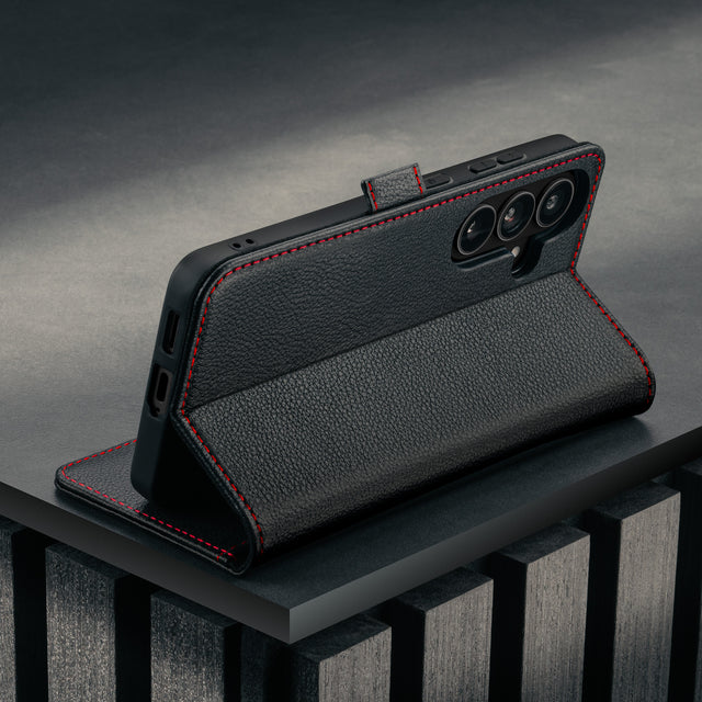Stand feature of the Black with Red Detail Leather Stand Case for Galaxy S26