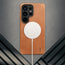 Wireless charger attached to. theTan Leather Bumper Case for Galaxy S26 Ultra