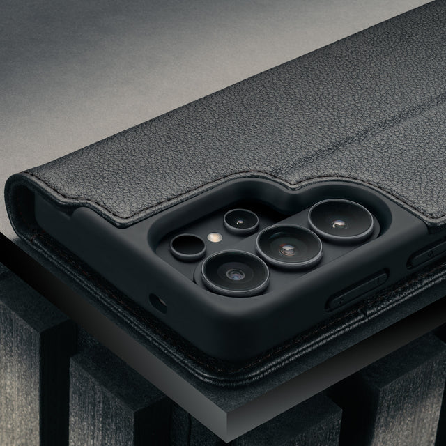 Camera cutout on the Black Leather Stand Case for Galaxy S26 Ultra