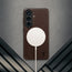 Wireless charger attached. tothe Dark Brown Leather Bumper Case for Galaxy S26+