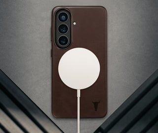 Wireless charger attached. tothe Dark Brown Leather Bumper Case for Galaxy S26+