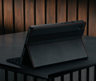 Stand function of the Black with Red Stitching Leather Case for Samsung Galaxy Tab A9