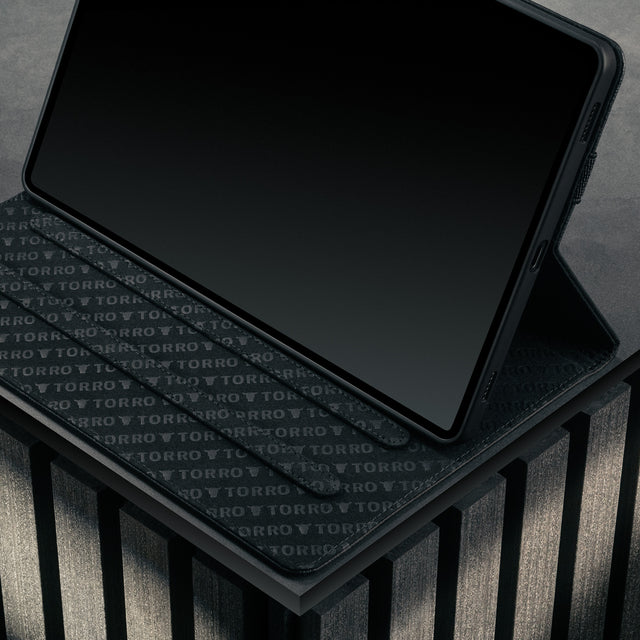 Multiple viewing angles of the Black with Red Detail Leather Case for Galaxy Tab S11