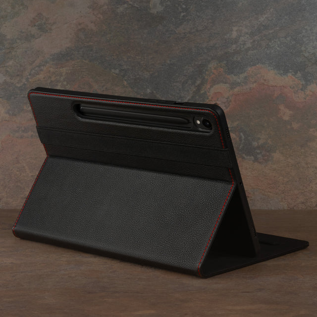 Integrated stand function of the Black with Red Detail Leather Case for Samsung Galaxy Tab S9