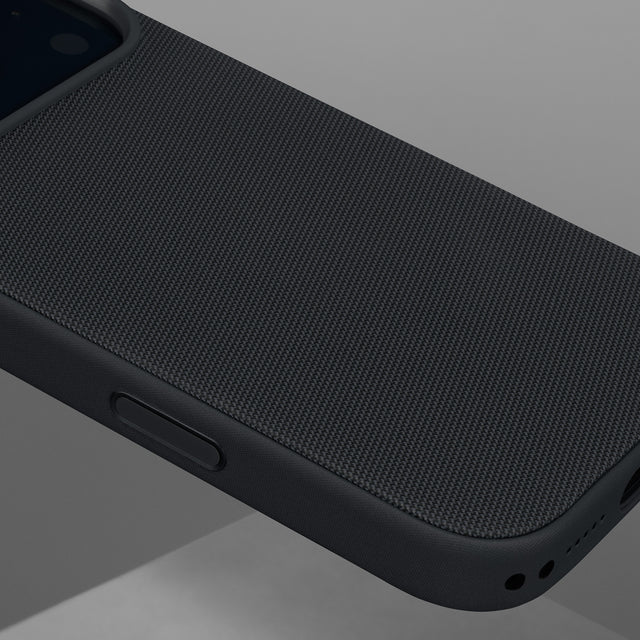 Close up of the Black Woven Fabric Bumper Case for iPhone 17 Pro Max