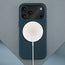 Wireless charger attached to the Blue Woven Fabric Bumper Case for iPhone 17 Pro Max