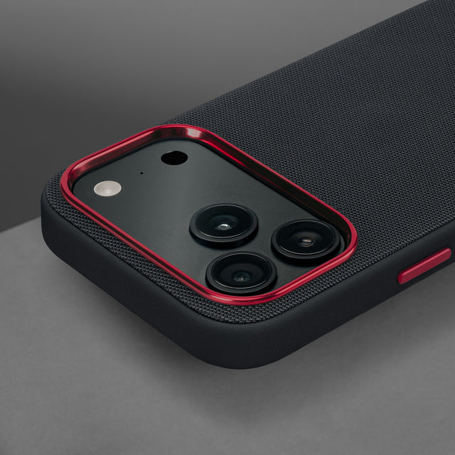 Metallic camera lip on the Black with Red Detail Woven Texture Bumper Case for iPhone 17 Pro