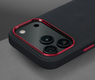Metallic camera lip on the Black with Red Detail Woven Texture Bumper Case for iPhone 17 Pro