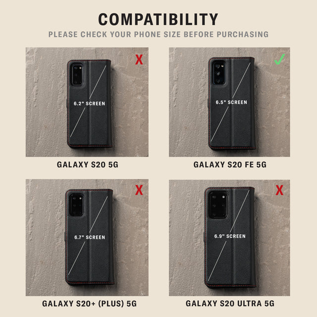 Comparison picture to show the Black Leather (with Red Stitching) Stand Case for Galaxy S20 FE 5G