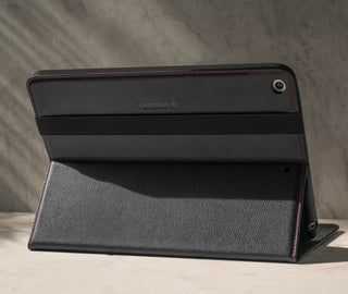 Demonstrating the integrated stand function of the Black Leather (with Red Stitching) Stand Case for iPad 10.2" 7th, 8th & 9th Generation