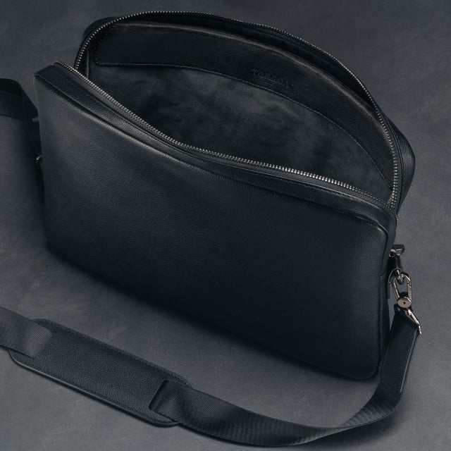 Black Leather Messenger Bag suitable for Laptop / iPad / Tablet