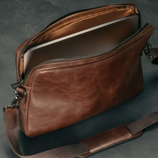 Inner pocket of the Dark Brown Leather Messenger Bag