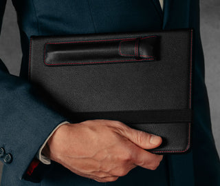 Black with Red Stitching Leather Apple Pencil Case / Sleeve attached to marching iPad case