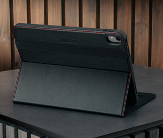 Integrated stand function of the Black with Red Stitching Leather iPad Case for Apple iPad (10th Gen)