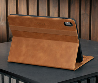Integrated stand function of the Tan Leather Case for Apple iPad (10th Generation)