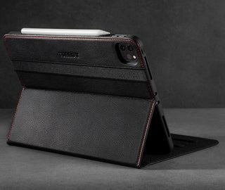 Integrated stand function of the Black Leather (with Red Stitching) Case for iPad Pro 11-inch