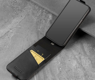 Card slots inside of the Black Leather (with Red Stitching) Flip Case for iPhone 13