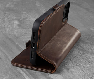 Integrated stand function of the Dark Brown Leather Phone Case for iPhone 13 Pro