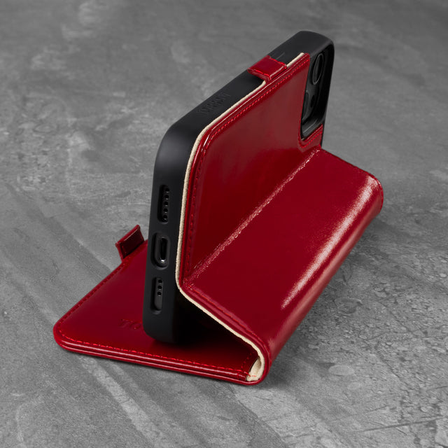 Integrated stand function of the Red Leather Phone Case for iPhone 13 Pro Max