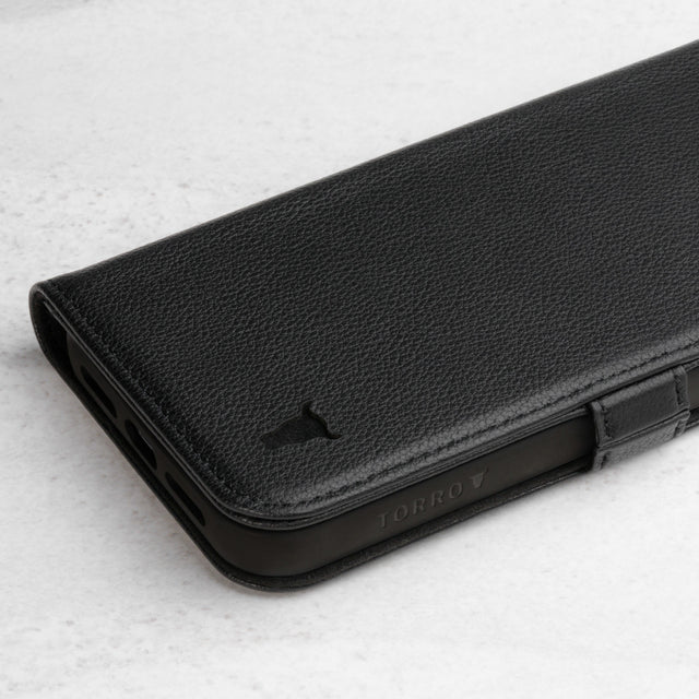 Close up of the Black Leather Folio Stand Case for iPhone 14 Pro Max
