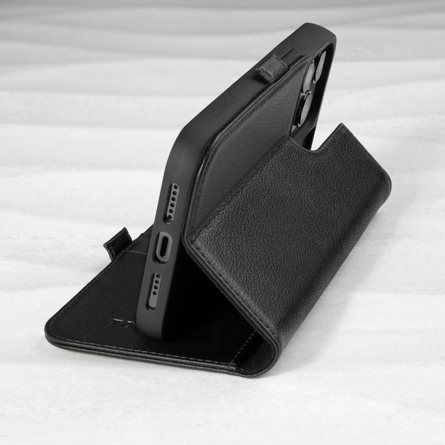 Integrated stand function of the Red Leather Folio Stand Case for iPhone 14 Pro Max